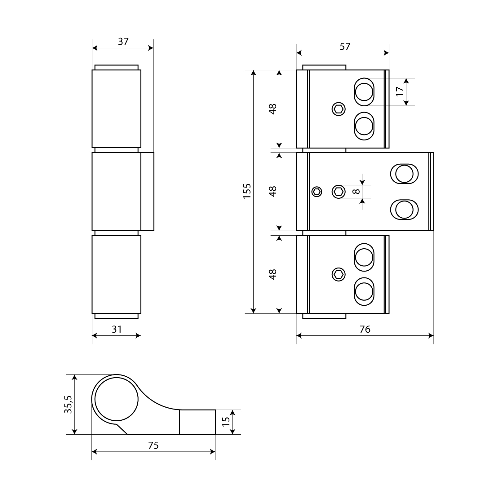 БУЛАТ ПН-153,5х96.9016 белый,1 подшип., 3-х секц. петля дверная для алюм. дверей,(U3-P1A) (16,2)