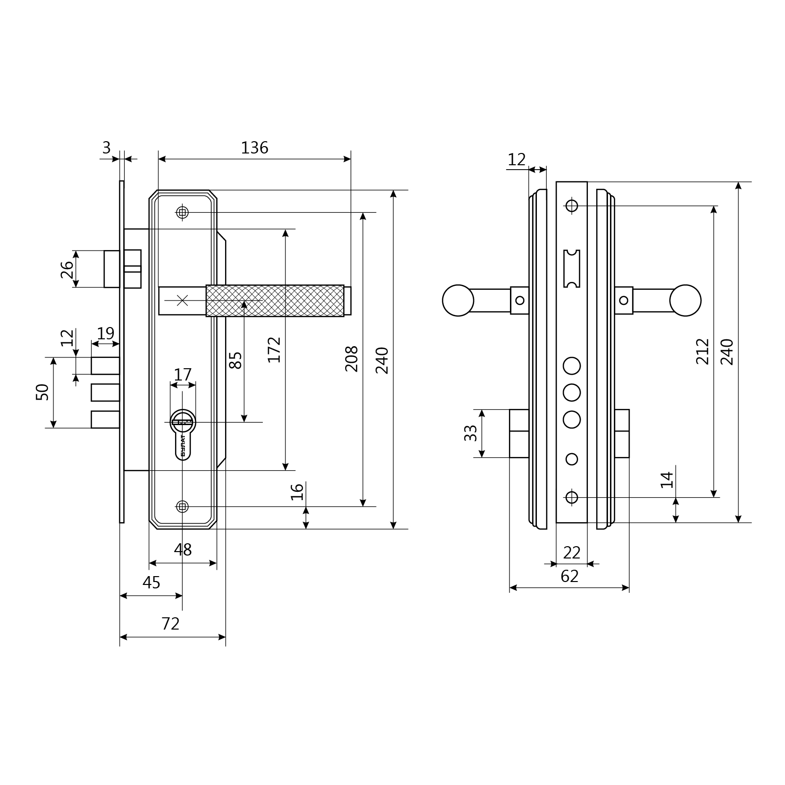 БУЛАТ ЗВ4-3.02.02 ФЕРОНА черный  5 перф.кл. Замок врезной с/руч (12)