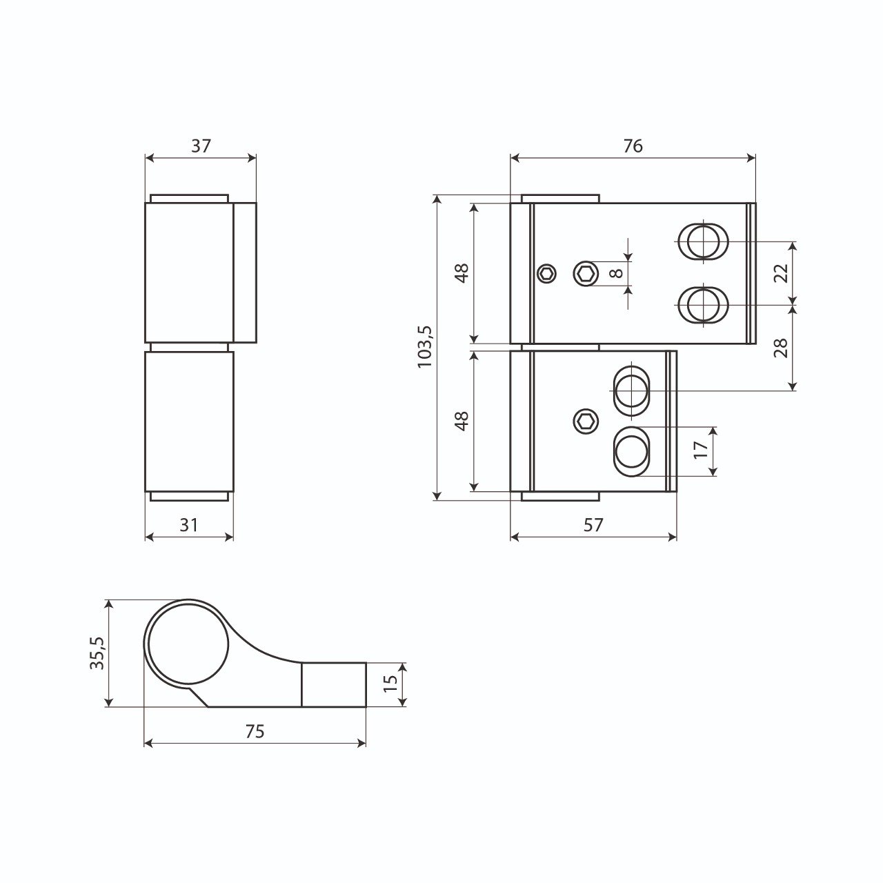БУЛАТ ПН-103,5х96.9016 белый,1 подшип., 2-х секц. петля дверная для алюм. дверей,(U2-P1A) (16,2)