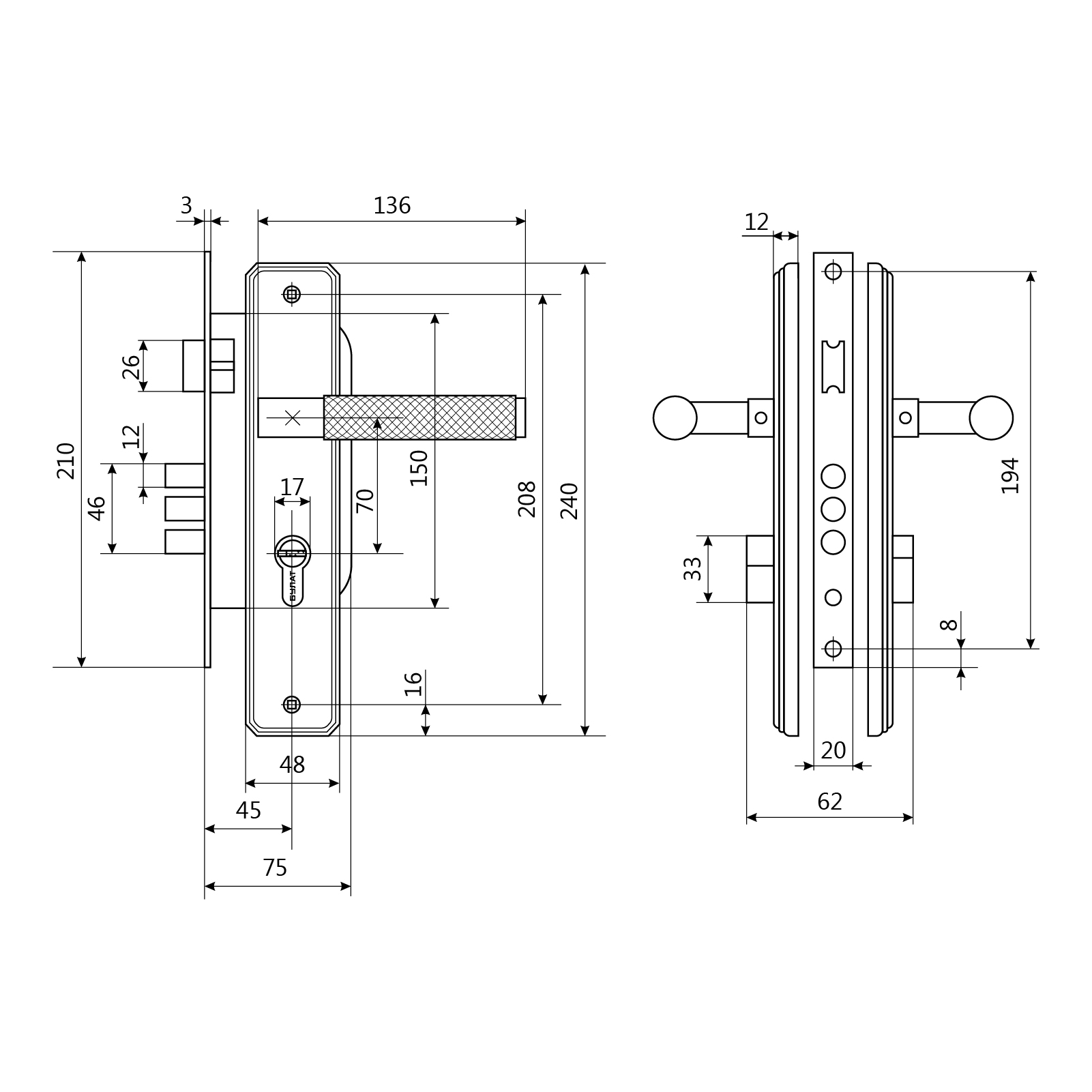 БУЛАТ ЗВ4-3.70.02.02 ФЕРОНА черный  5 перф.кл. Замок врезной с/руч (12) 